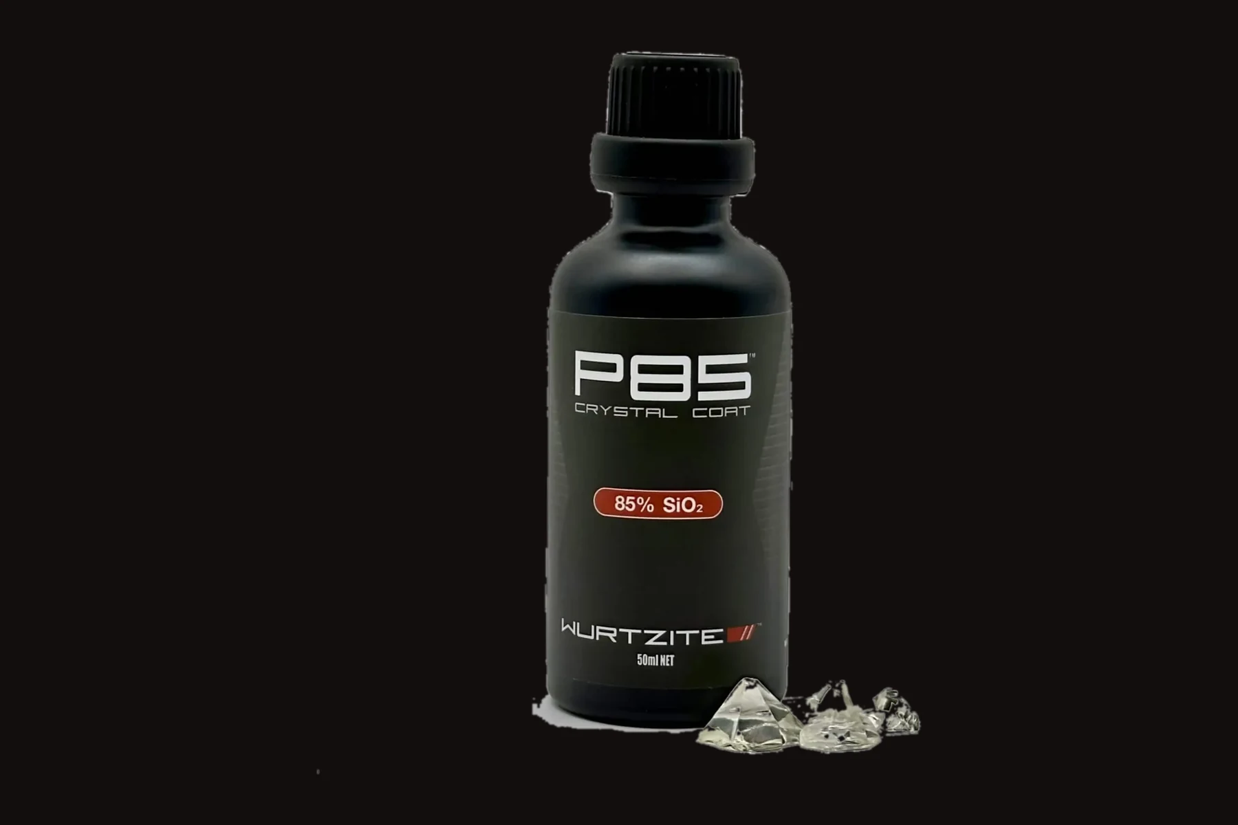 Wurtzite P85 bottle showing the 85 percent SiO2 solid content used on every coating